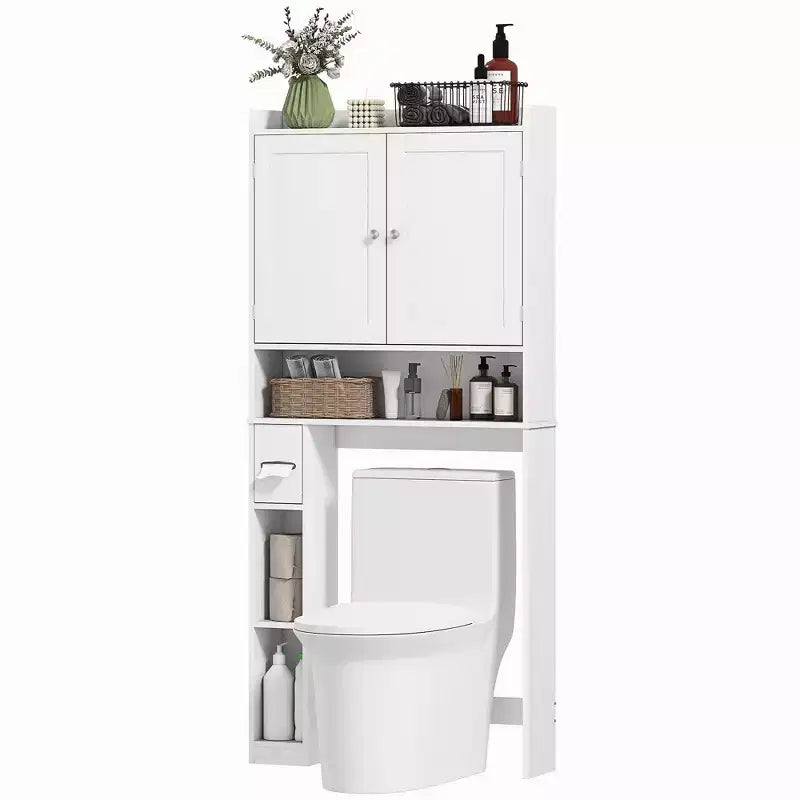 Mueble de almacenamiento sobre inodoro, organizador de baño moderno sobre inodoro con 2 puertas, portarrollos de papel higiénico, ahorrador de espacio independiente