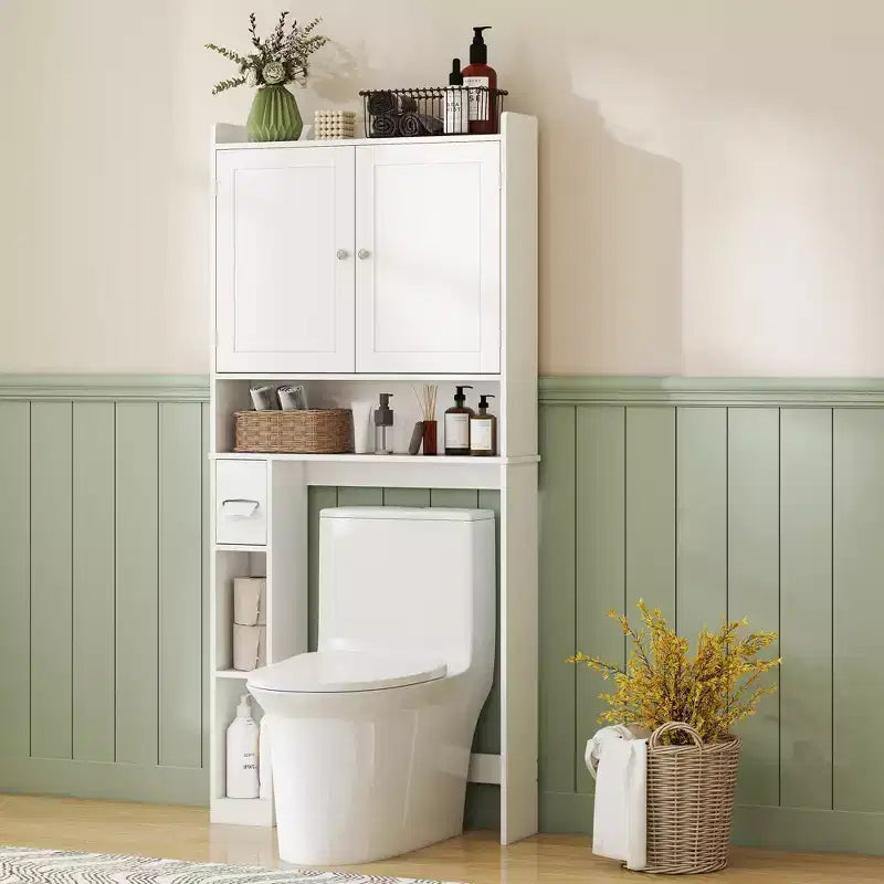 Mueble de almacenamiento sobre inodoro, organizador de baño moderno sobre inodoro con 2 puertas, portarrollos de papel higiénico, ahorrador de espacio independiente