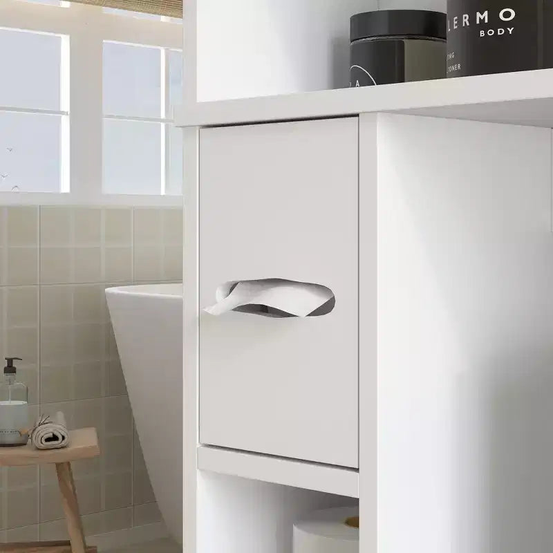Mueble de almacenamiento sobre inodoro, organizador de baño moderno sobre inodoro con 2 puertas, portarrollos de papel higiénico, ahorrador de espacio independiente