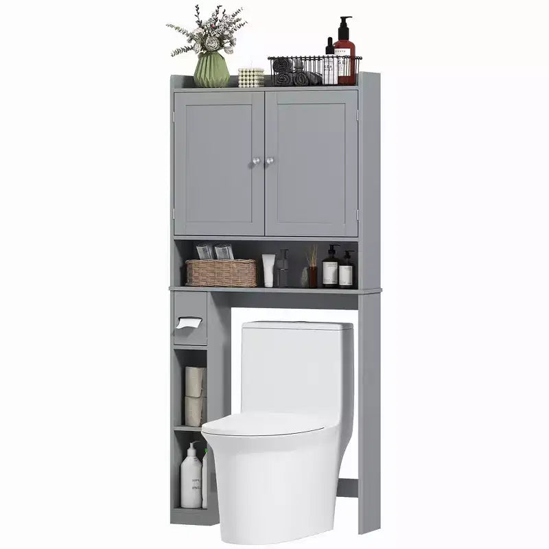 Mueble de almacenamiento sobre inodoro, organizador de baño moderno sobre inodoro con 2 puertas, portarrollos de papel higiénico, ahorrador de espacio independiente