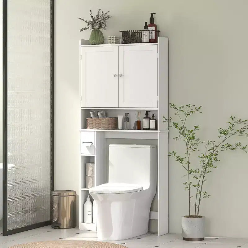 Mueble de almacenamiento sobre inodoro, organizador de baño moderno sobre inodoro con 2 puertas, portarrollos de papel higiénico, ahorrador de espacio independiente