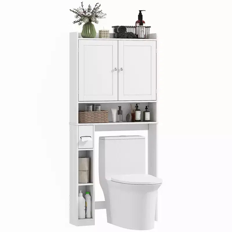 Mueble de almacenamiento sobre inodoro, organizador de baño moderno sobre inodoro con 2 puertas, portarrollos de papel higiénico, ahorrador de espacio independiente
