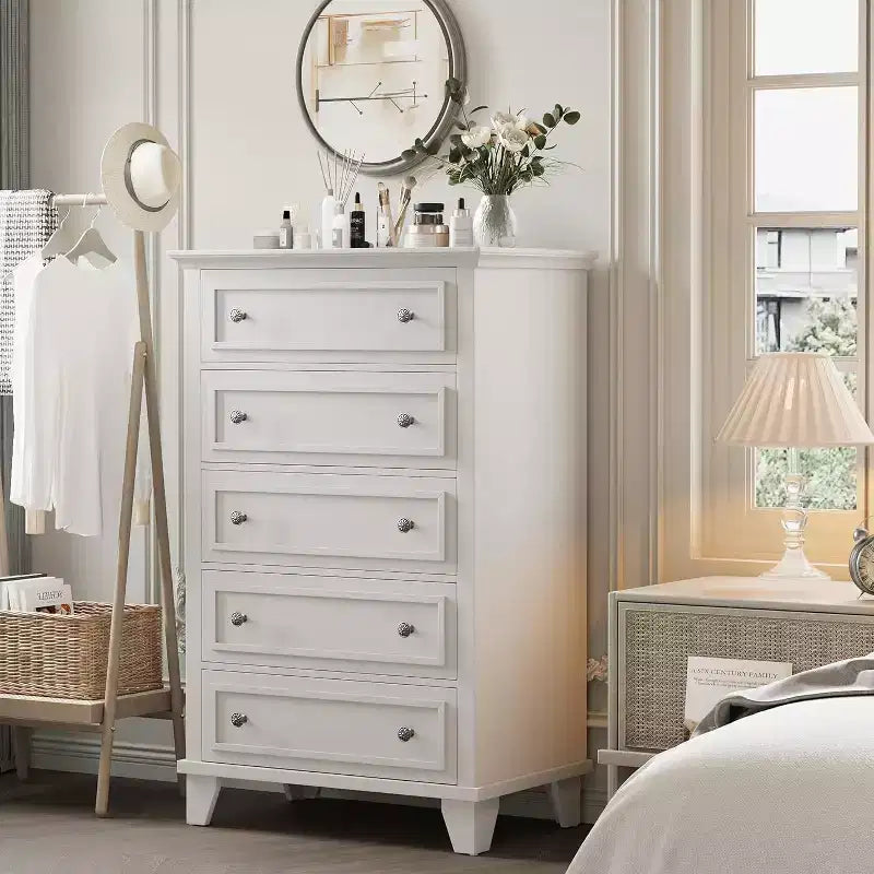 Cómoda alta blanca de 48 pulgadas, cómoda de 5 cajones para dormitorio, gabinete de almacenamiento vintage para armario, sala de estar, pasillo