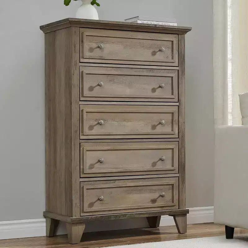 Cómoda alta blanca de 48 pulgadas, cómoda de 5 cajones para dormitorio, gabinete de almacenamiento vintage para armario, sala de estar, pasillo