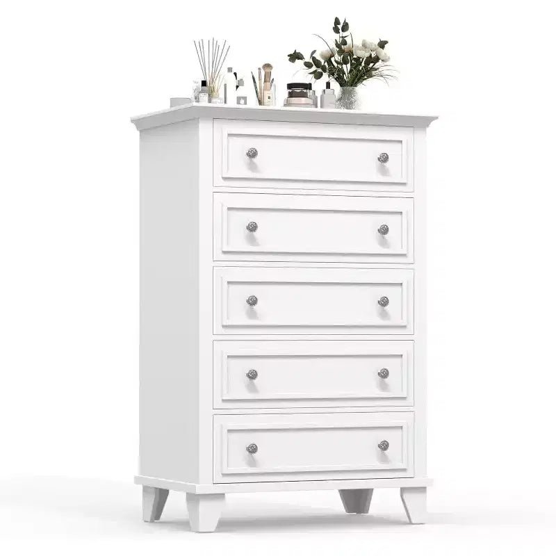 Cómoda alta blanca de 48 pulgadas, cómoda de 5 cajones para dormitorio, gabinete de almacenamiento vintage para armario, sala de estar, pasillo