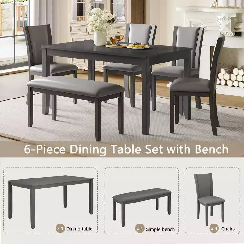 Mesa de comedor con banco y sillas, Mesa de comedor de madera para 6 personas, Mesa de comedor moderna para 6 personas para comedor, cocina