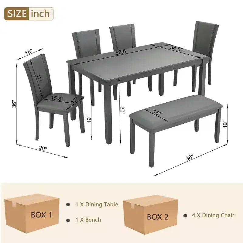 Mesa de comedor con banco y sillas, Mesa de comedor de madera para 6 personas, Mesa de comedor moderna para 6 personas para comedor, cocina