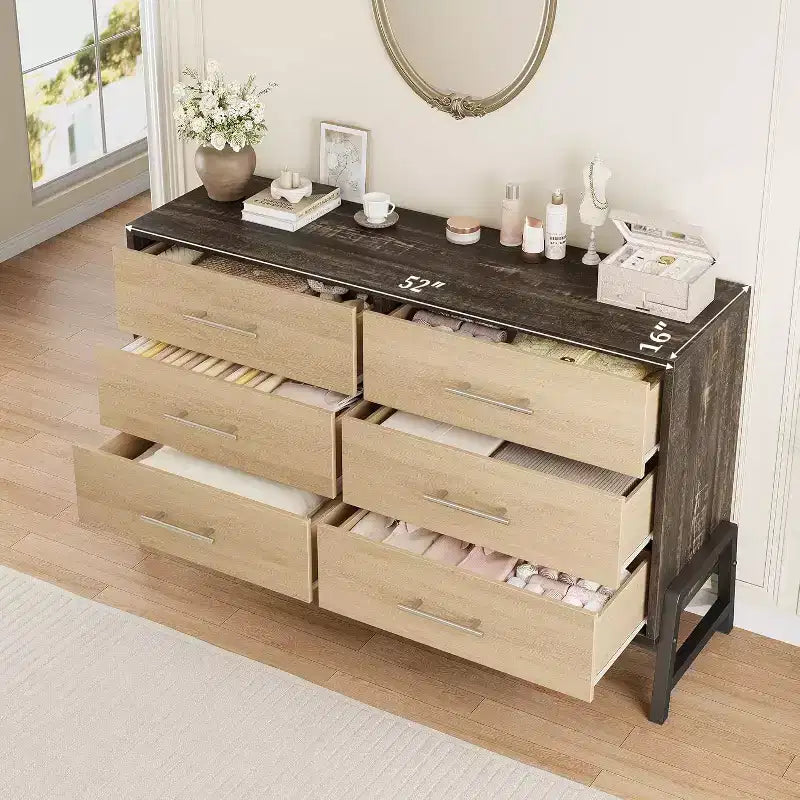 Cómoda con 6 cajones, mueble para TV, armario de almacenamiento de madera independiente con cajones anchos para sala de estar, dormitorio, recibidor