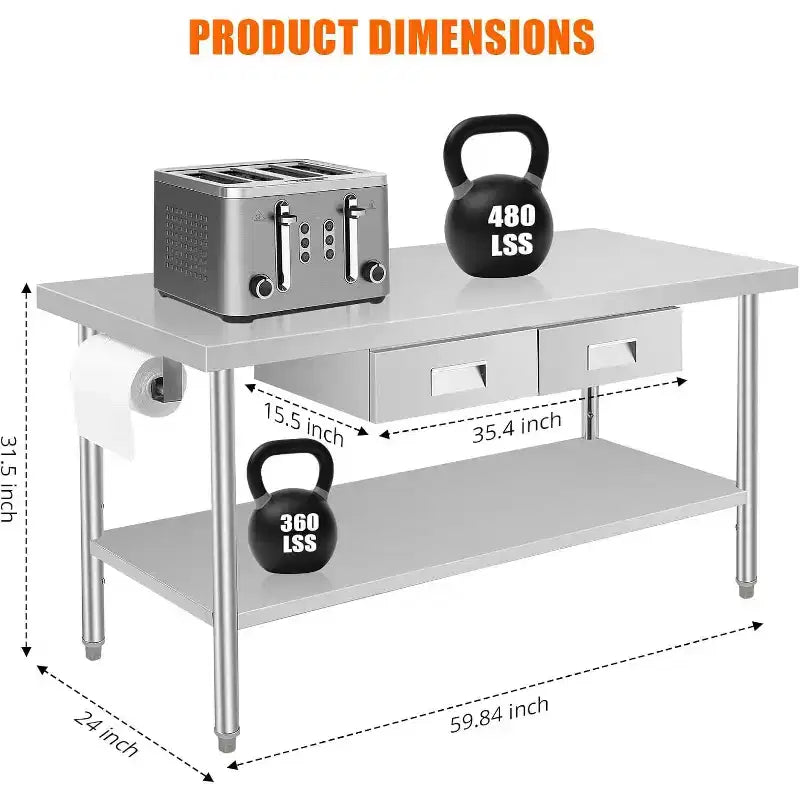 Mesa de trabajo de acero inoxidable de 60 x 24, con 2 cajones, soporte para toallas de papel, mesa de preparación de comedor de metal, organizador de cajones de cocina