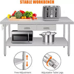 Mesa de trabajo de acero inoxidable de 60 x 24, con 2 cajones, soporte para toallas de papel, mesa de preparación de comedor de metal, organizador de cajones de cocina