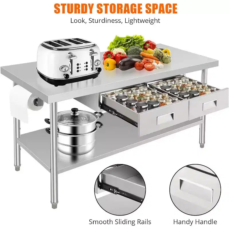 Mesa de trabajo de acero inoxidable de 60 x 24, con 2 cajones, soporte para toallas de papel, mesa de preparación de comedor de metal, organizador de cajones de cocina
