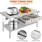 Mesa de trabajo de acero inoxidable de 60 x 24, con 2 cajones, soporte para toallas de papel, mesa de preparación de comedor de metal, organizador de cajones de cocina