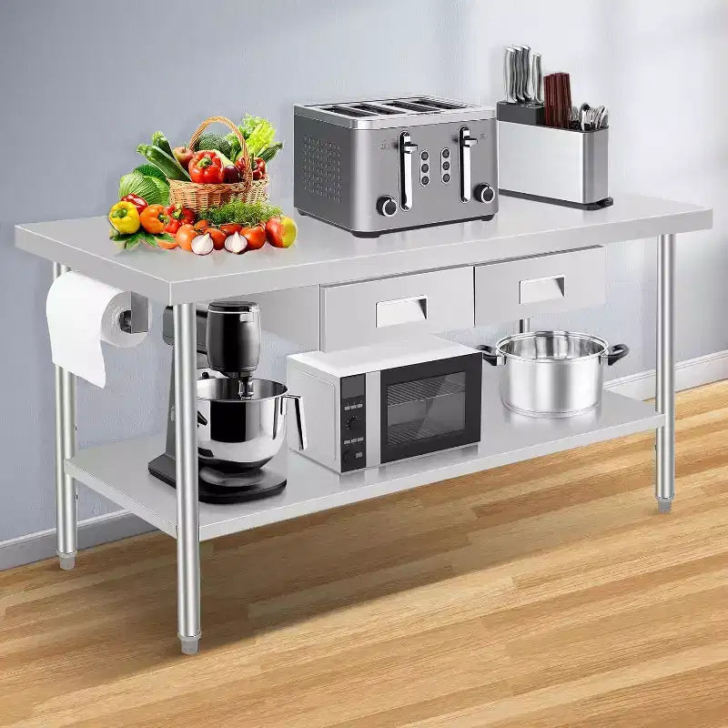 Mesa de trabajo de acero inoxidable de 60 x 24, con 2 cajones, soporte para toallas de papel, mesa de preparación de comedor de metal, organizador de cajones de cocina