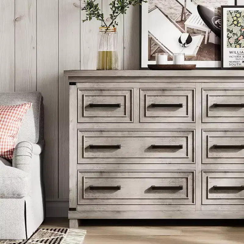 Cómoda de 8 cajones para dormitorio, armario de almacenamiento/mueble de TV vintage, cómoda de madera rústica, para sala de estar, pasillo