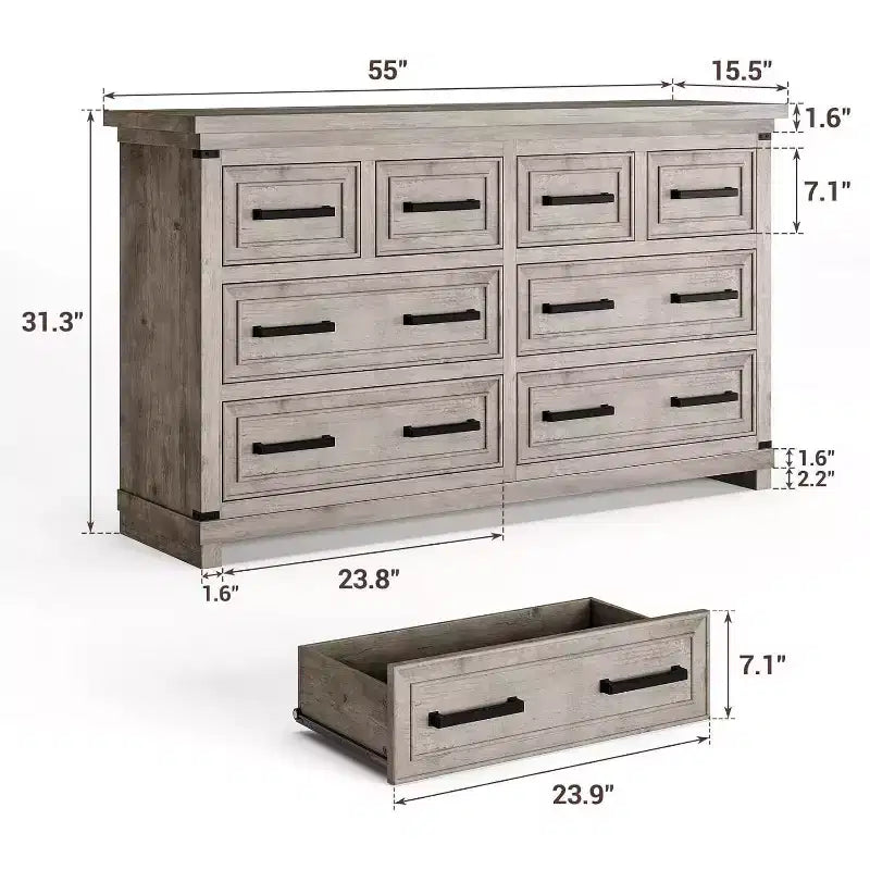 Cómoda de 8 cajones para dormitorio, armario de almacenamiento/mueble de TV vintage, cómoda de madera rústica, para sala de estar, pasillo