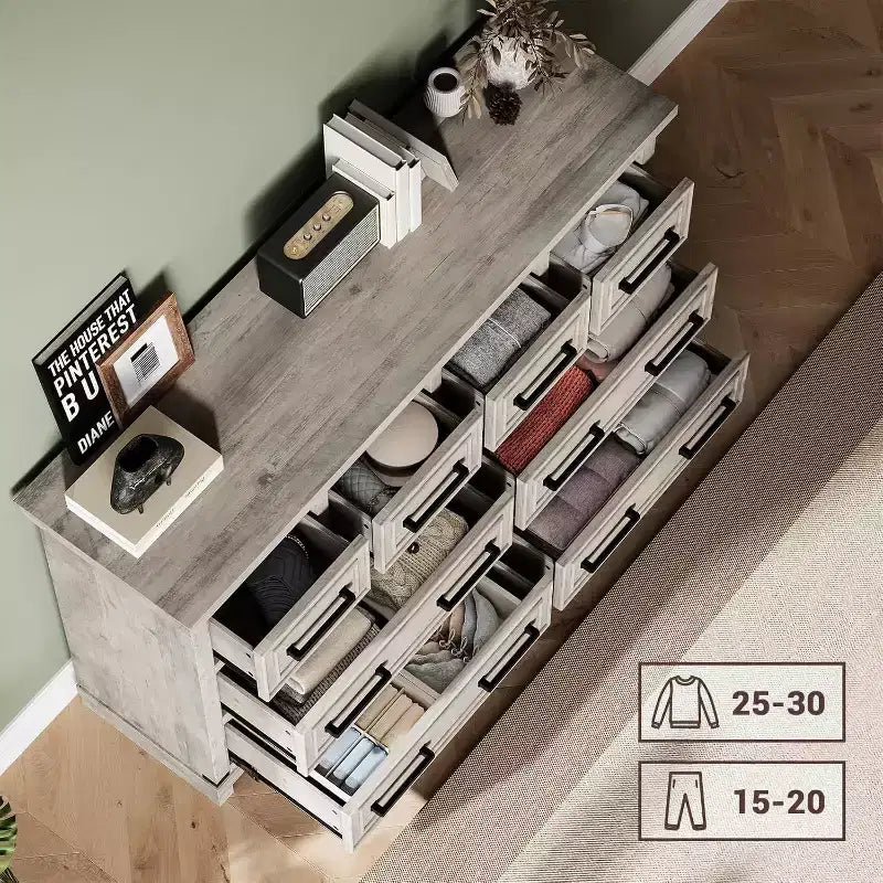 Cómoda de 8 cajones para dormitorio, armario de almacenamiento/mueble de TV vintage, cómoda de madera rústica, para sala de estar, pasillo