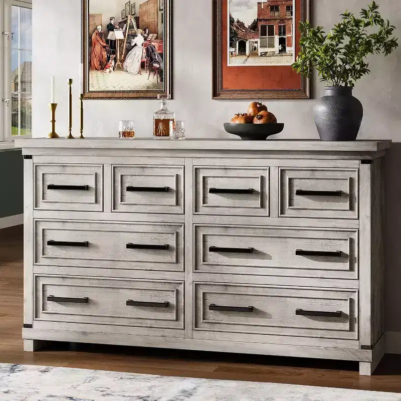 Cómoda de 8 cajones para dormitorio, armario de almacenamiento/mueble de TV vintage, cómoda de madera rústica, para sala de estar, pasillo