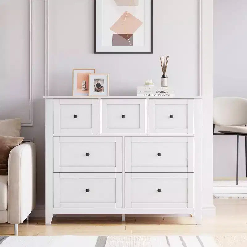 Cómoda para Dormitorio - Cómodas y Cajoneras de Madera de Estilo Rústico para Ropa, con 7 Cajones Profundos, Tiradores Dorados, para Sala de Estar, Dormitorio, Pasillo