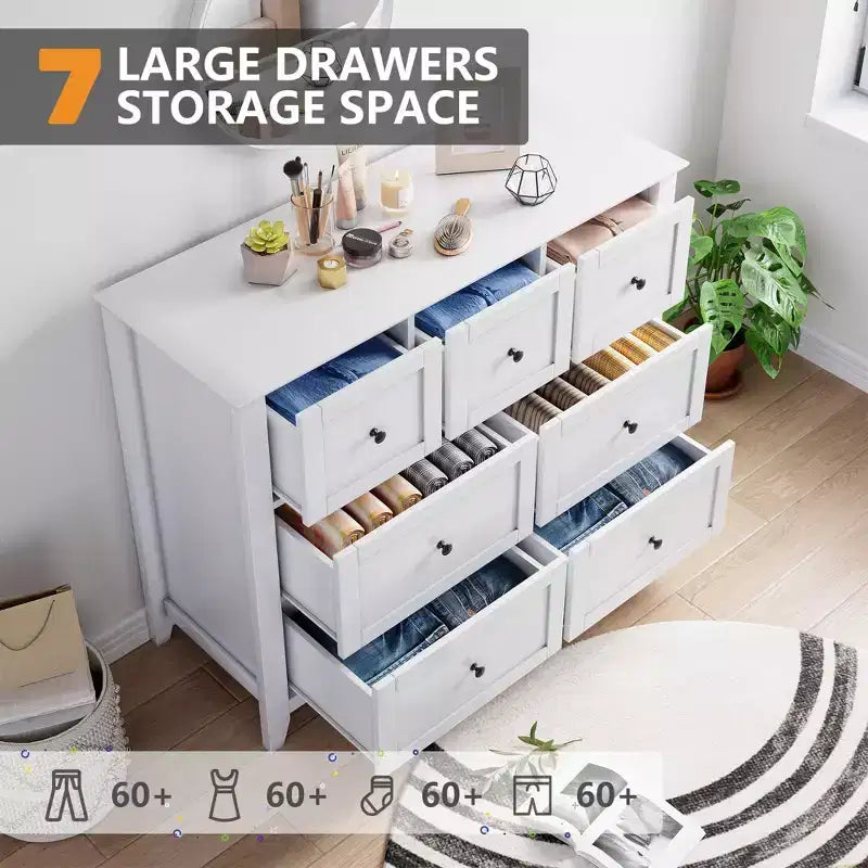 Cómoda para Dormitorio - Cómodas y Cajoneras de Madera de Estilo Rústico para Ropa, con 7 Cajones Profundos, Tiradores Dorados, para Sala de Estar, Dormitorio, Pasillo