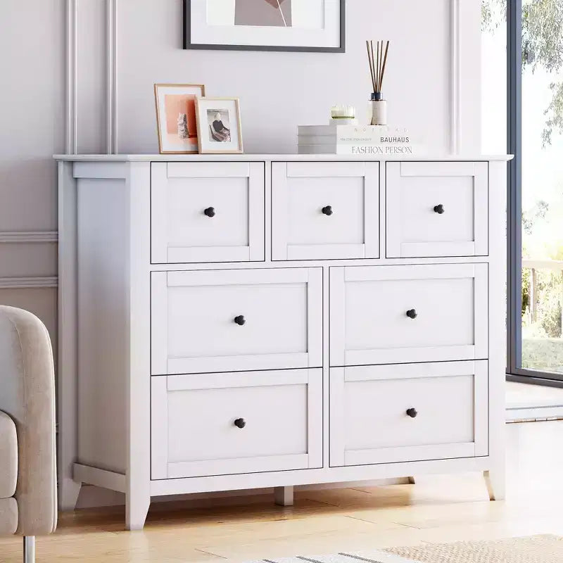 Cómoda para Dormitorio - Cómodas y Cajoneras de Madera de Estilo Rústico para Ropa, con 7 Cajones Profundos, Tiradores Dorados, para Sala de Estar, Dormitorio, Pasillo