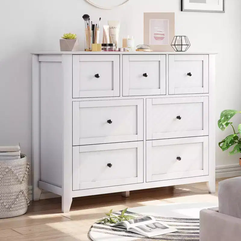 Cómoda para Dormitorio - Cómodas y Cajoneras de Madera de Estilo Rústico para Ropa, con 7 Cajones Profundos, Tiradores Dorados, para Sala de Estar, Dormitorio, Pasillo