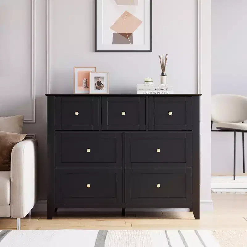 Cómoda para Dormitorio - Cómodas y Cajoneras de Madera de Estilo Rústico para Ropa, con 7 Cajones Profundos, Tiradores Dorados, para Sala de Estar, Dormitorio, Pasillo