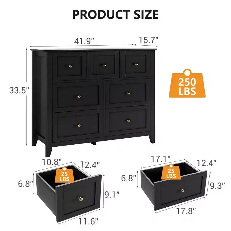 Cómoda para Dormitorio - Cómodas y Cajoneras de Madera de Estilo Rústico para Ropa, con 7 Cajones Profundos, Tiradores Dorados, para Sala de Estar, Dormitorio, Pasillo