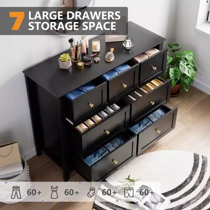 Cómoda para Dormitorio - Cómodas y Cajoneras de Madera de Estilo Rústico para Ropa, con 7 Cajones Profundos, Tiradores Dorados, para Sala de Estar, Dormitorio, Pasillo