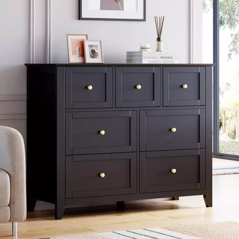 Cómoda para Dormitorio - Cómodas y Cajoneras de Madera de Estilo Rústico para Ropa, con 7 Cajones Profundos, Tiradores Dorados, para Sala de Estar, Dormitorio, Pasillo