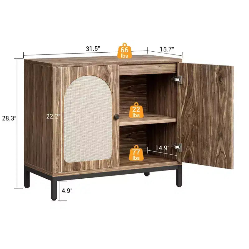 Aparador de ratán - con puertas de ratán, estantes ajustables, estilo bohemio, aparador para licores y café, para sala de estar, comedor, pasillo, cocina