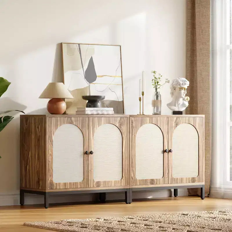 Aparador de ratán - con puertas de ratán, estantes ajustables, estilo bohemio, aparador para licores y café, para sala de estar, comedor, pasillo, cocina
