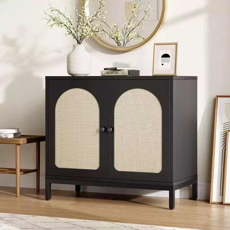 Aparador de ratán - con puertas de ratán, estantes ajustables, estilo bohemio, aparador para licores y café, para sala de estar, comedor, pasillo, cocina