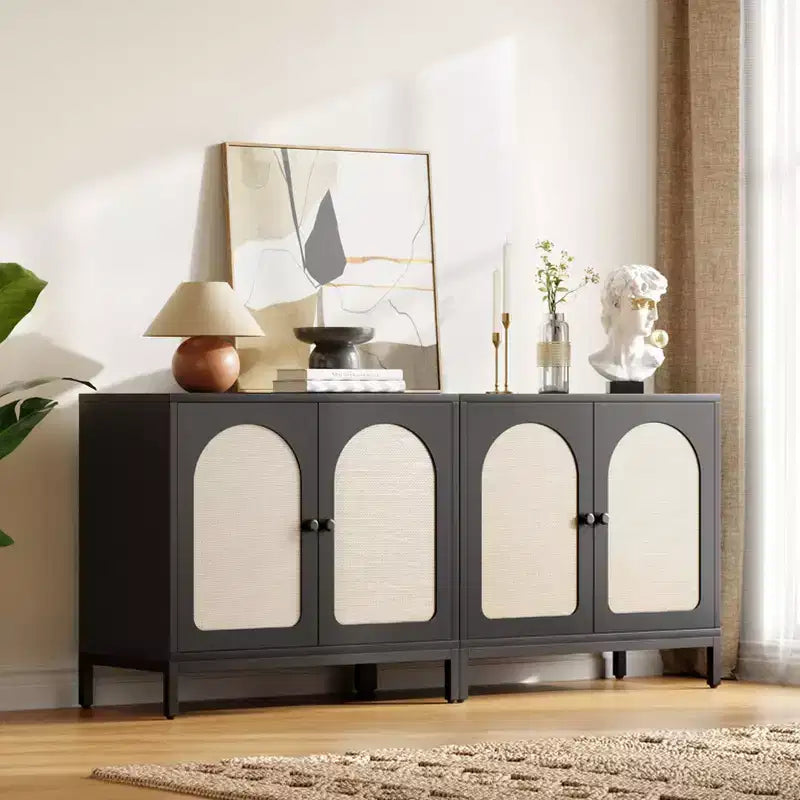 Aparador de ratán - con puertas de ratán, estantes ajustables, estilo bohemio, aparador para licores y café, para sala de estar, comedor, pasillo, cocina