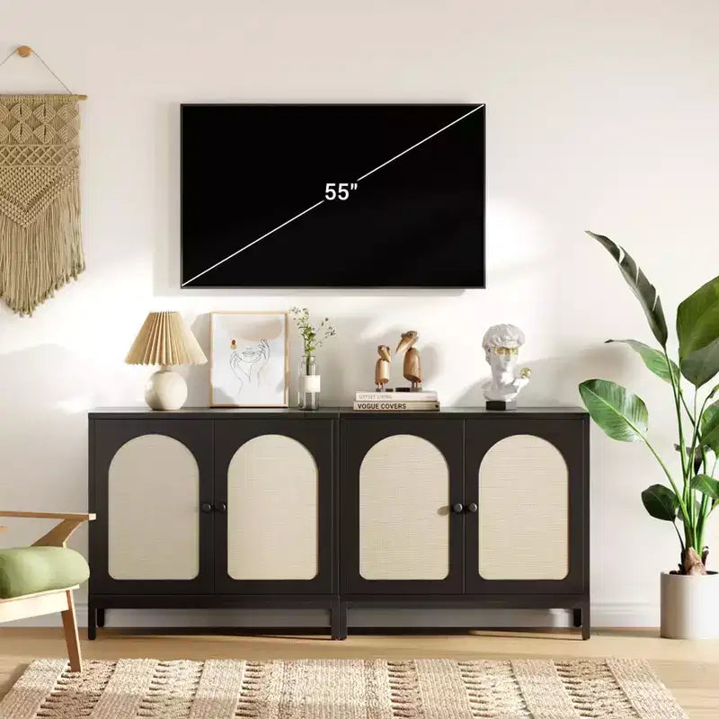 Aparador de ratán - con puertas de ratán, estantes ajustables, estilo bohemio, aparador para licores y café, para sala de estar, comedor, pasillo, cocina