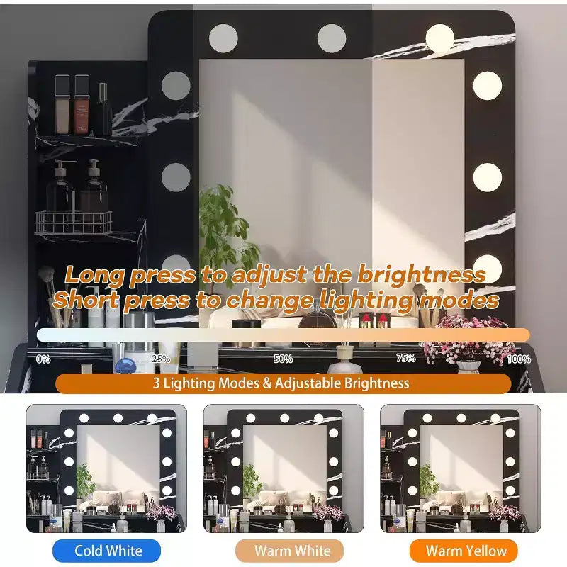 Tocador con espejo, tocador de maquillaje con taburete acolchado, 3 modos de iluminación, brillo ajustable