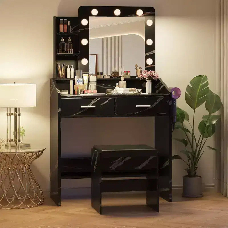 Tocador con espejo, tocador de maquillaje con taburete acolchado, 3 modos de iluminación, brillo ajustable