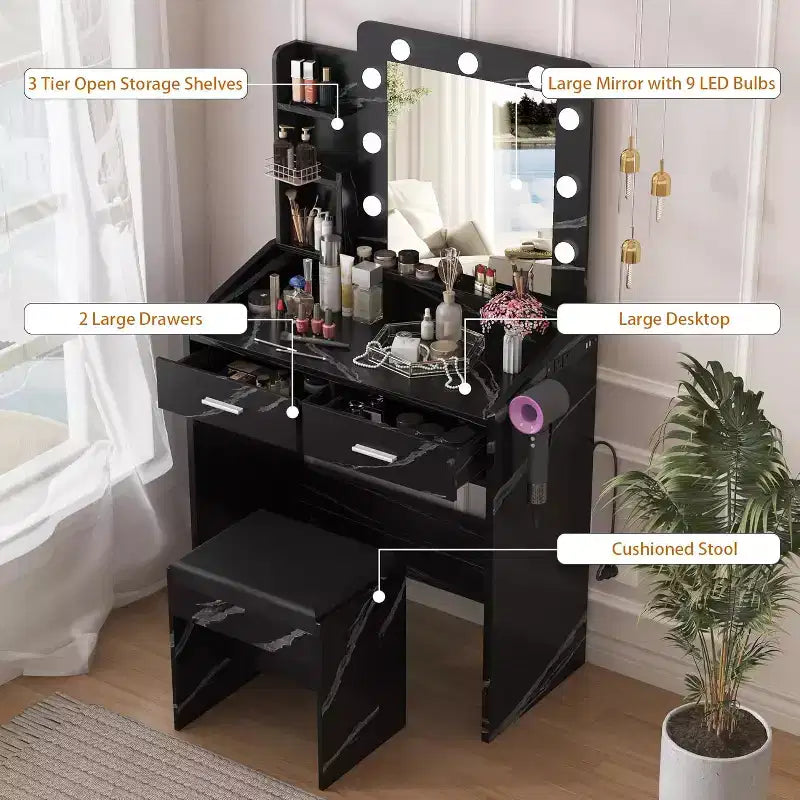 Tocador con espejo, tocador de maquillaje con taburete acolchado, 3 modos de iluminación, brillo ajustable