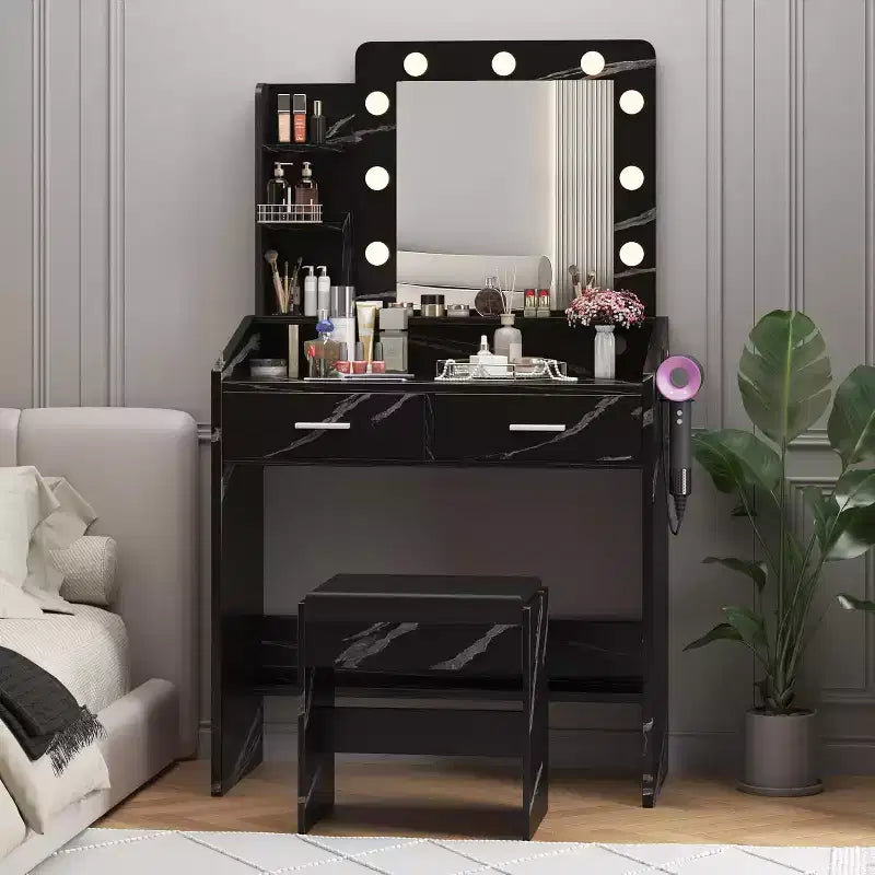 Tocador con espejo, tocador de maquillaje con taburete acolchado, 3 modos de iluminación, brillo ajustable