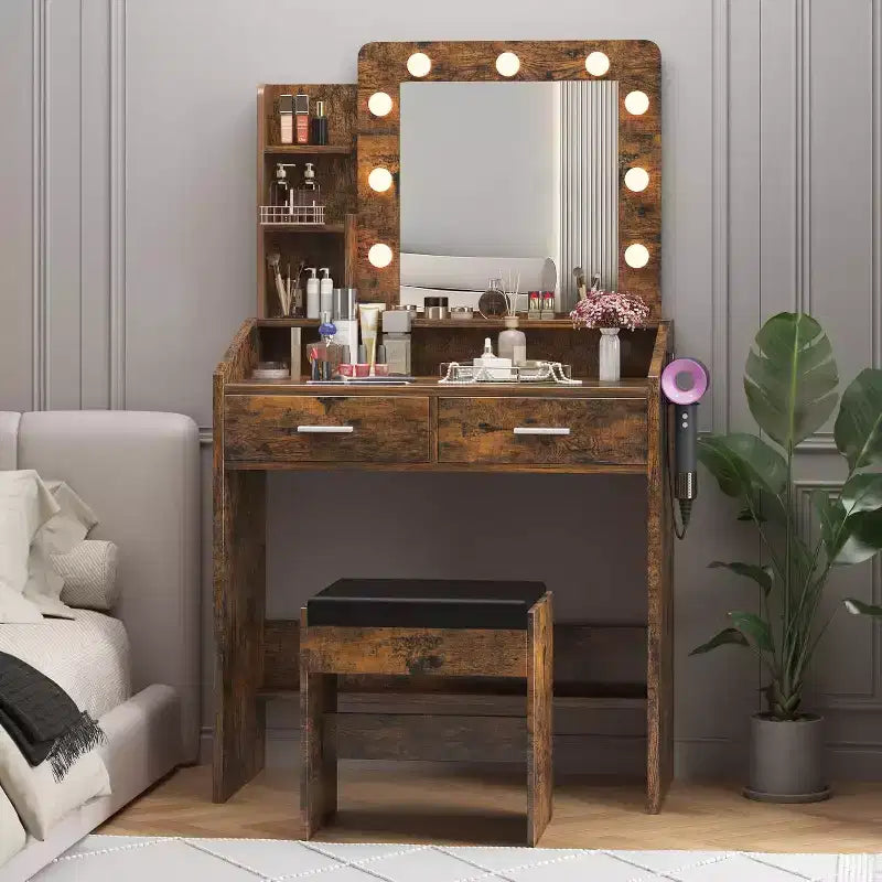 Tocador con espejo, tocador de maquillaje con taburete acolchado, 3 modos de iluminación, brillo ajustable