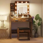 Tocador con espejo, tocador de maquillaje con taburete acolchado, 3 modos de iluminación, brillo ajustable