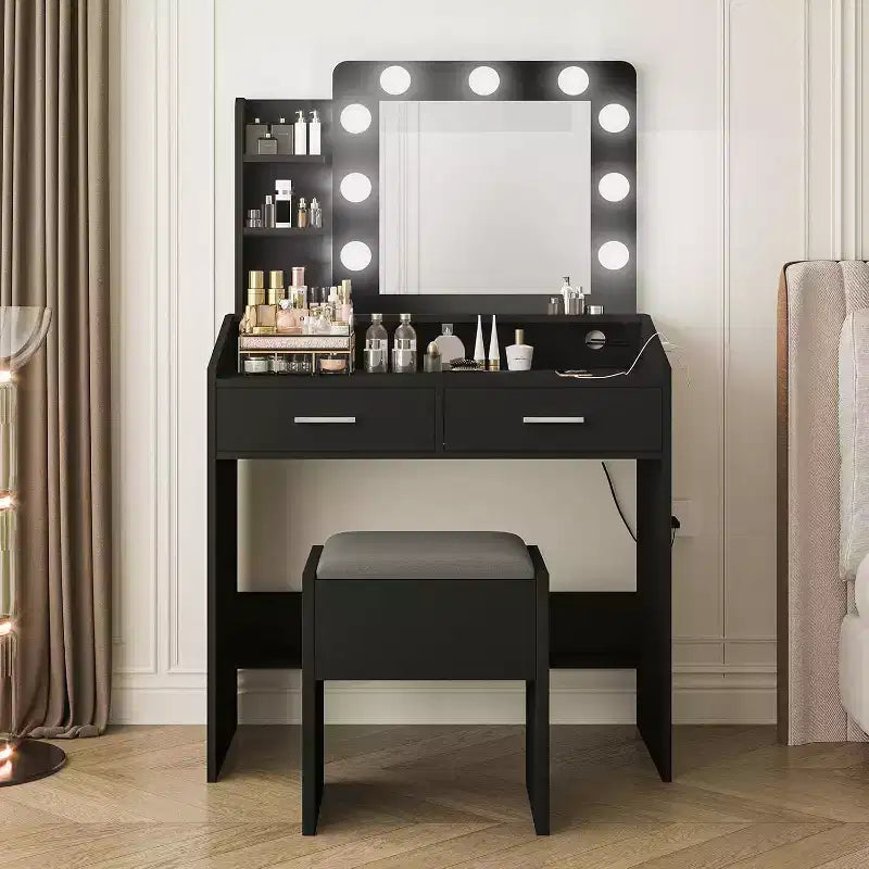 Tocador con espejo, tocador de maquillaje con taburete acolchado, 3 modos de iluminación, brillo ajustable