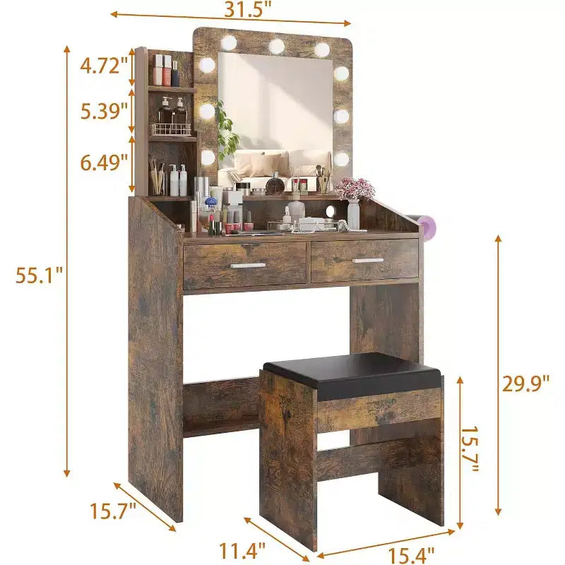 Tocador con espejo, tocador de maquillaje con taburete acolchado, 3 modos de iluminación, brillo ajustable