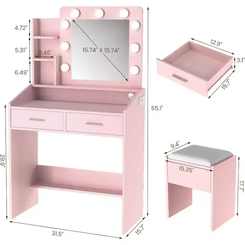 Tocador con espejo, tocador de maquillaje con taburete acolchado, 3 modos de iluminación, brillo ajustable
