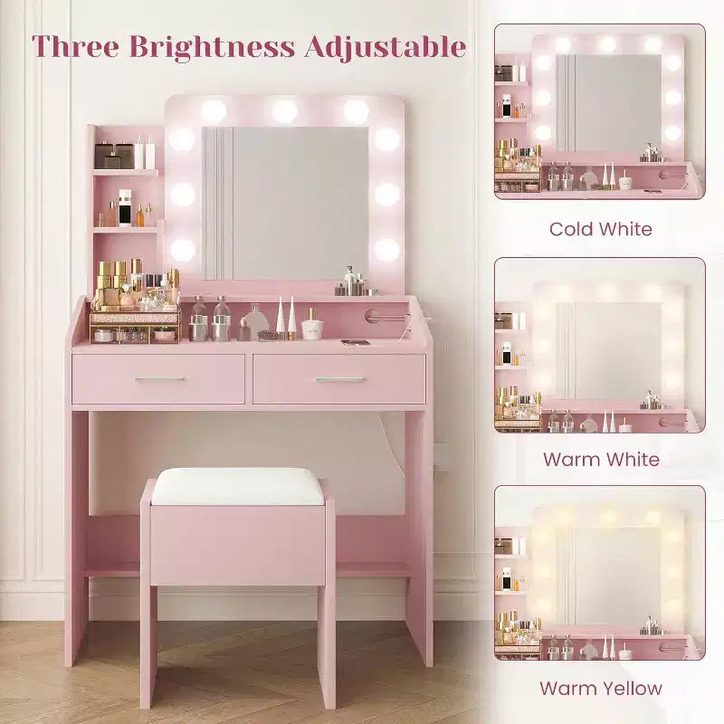 Tocador con espejo, tocador de maquillaje con taburete acolchado, 3 modos de iluminación, brillo ajustable