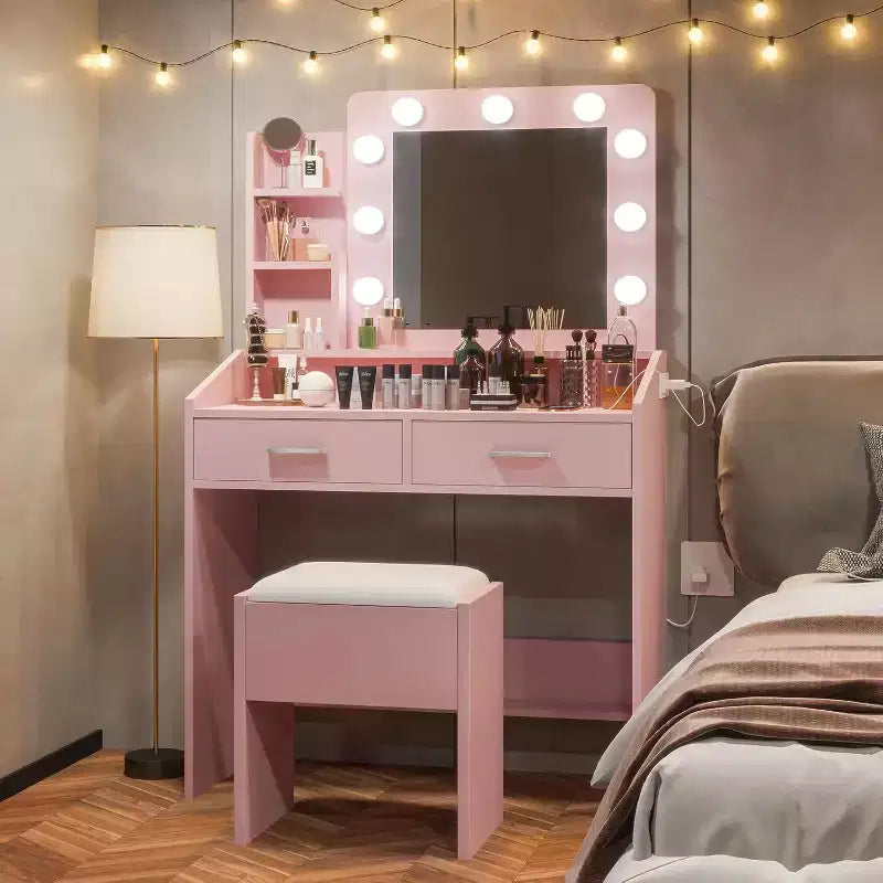 Tocador con espejo, tocador de maquillaje con taburete acolchado, 3 modos de iluminación, brillo ajustable