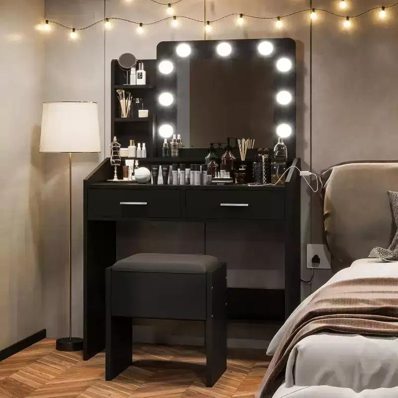 Tocador con espejo, tocador de maquillaje con taburete acolchado, 3 modos de iluminación, brillo ajustable