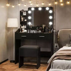Tocador con espejo, tocador de maquillaje con taburete acolchado, 3 modos de iluminación, brillo ajustable
