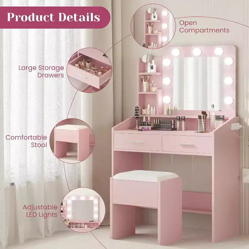 Tocador con espejo, tocador de maquillaje con taburete acolchado, 3 modos de iluminación, brillo ajustable