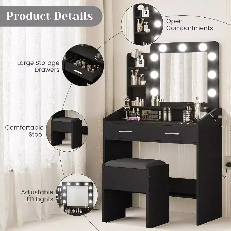 Tocador con espejo, tocador de maquillaje con taburete acolchado, 3 modos de iluminación, brillo ajustable