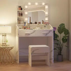 Tocador con espejo, tocador de maquillaje con taburete acolchado, 3 modos de iluminación, brillo ajustable